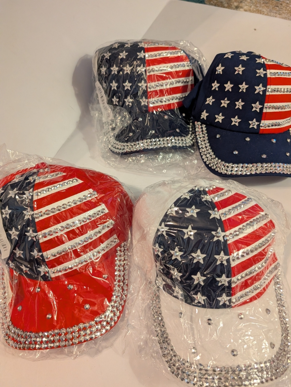 Red White And Blue Rhinestone 4 Ball Caps Adjustable